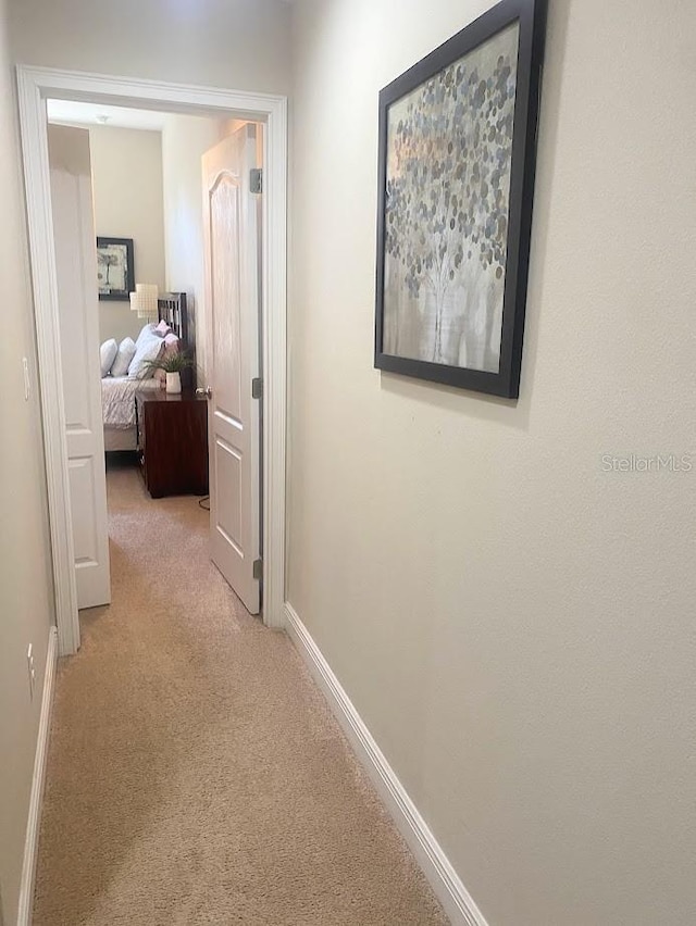 corridor with light carpet and baseboards