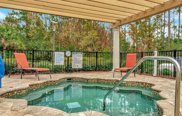 view of pool featuring a patio, fence, and a pergola