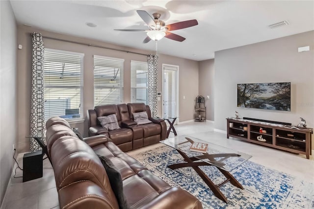 living room with ceiling fan