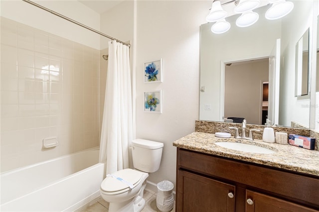 full bathroom with toilet, vanity, shower / bathtub combination with curtain, and tile patterned flooring