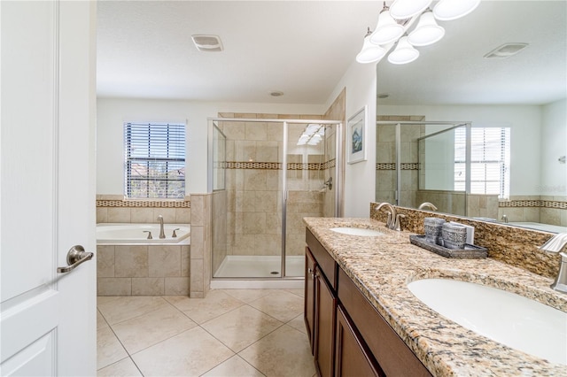 bathroom with vanity, separate shower and tub, and tile patterned floors