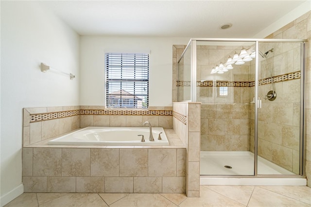 bathroom with plus walk in shower and tile patterned floors