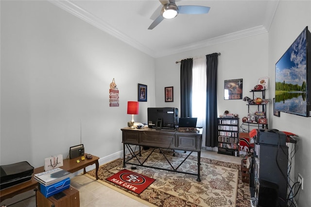 tiled home office with crown molding and ceiling fan