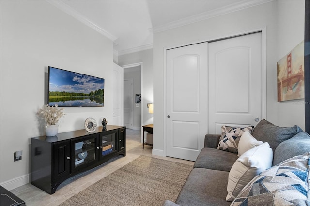 tiled living room with ornamental molding