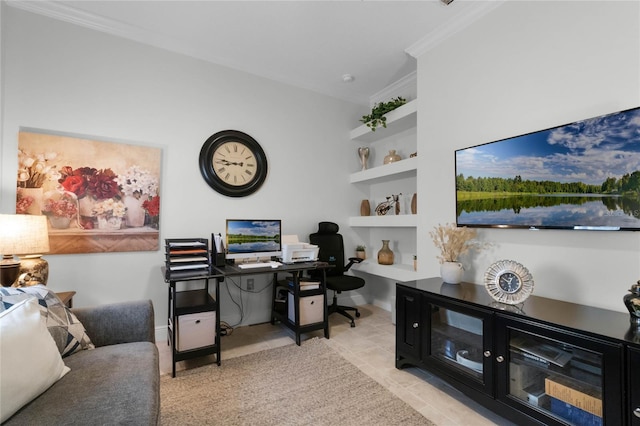 tiled office space with built in shelves and ornamental molding