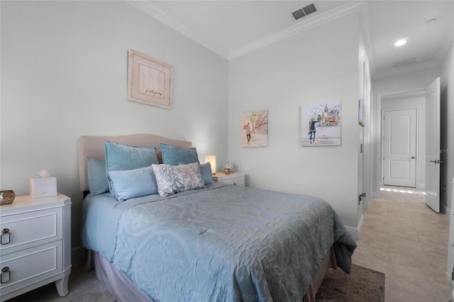 tiled bedroom featuring crown molding