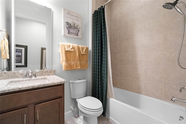 full bathroom featuring vanity, shower / tub combo with curtain, and toilet