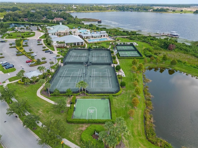 birds eye view of property featuring a water view