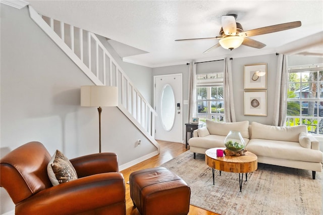 living room featuring ceiling fan, light hardwood / wood-style floors, and a textured ceiling