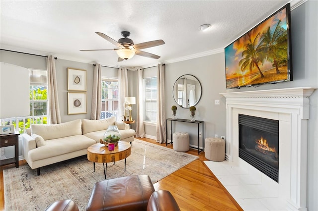 living room with ornamental molding, ceiling fan, a textured ceiling, and light hardwood / wood-style floors