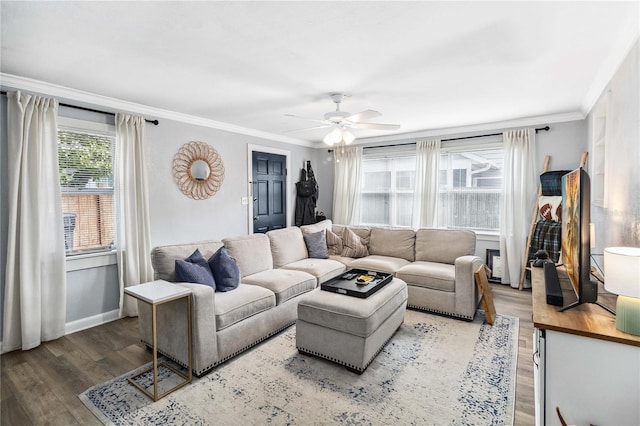 living room with crown molding, ceiling fan, and hardwood / wood-style floors