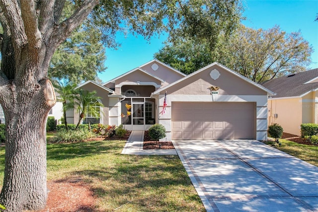 ranch-style home with a garage and a front yard