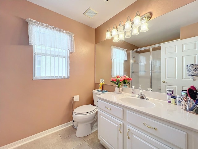 bathroom with vanity, an enclosed shower, tile patterned floors, and toilet