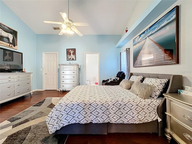 bedroom with dark wood-type flooring and ceiling fan