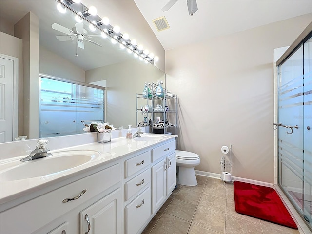 bathroom with lofted ceiling, toilet, an enclosed shower, tile patterned floors, and ceiling fan