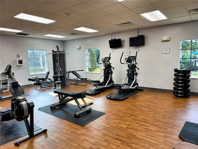 workout area with hardwood / wood-style flooring and a paneled ceiling