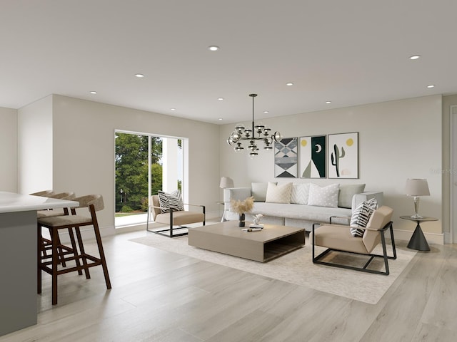 living room featuring a notable chandelier and light hardwood / wood-style flooring