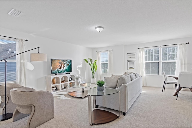 carpeted living room featuring a textured ceiling