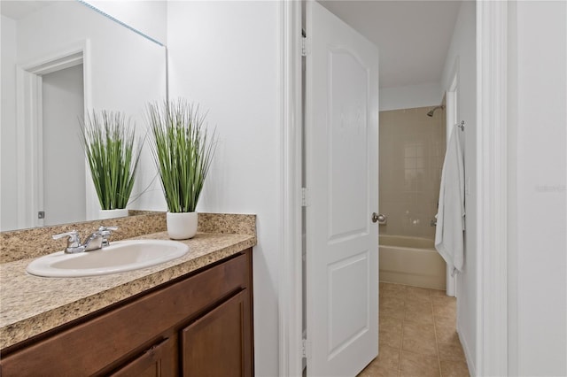 bathroom with vanity, tile patterned floors, and tiled shower / bath