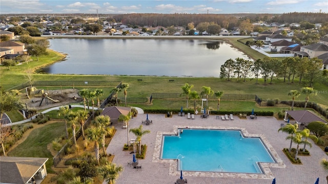 drone / aerial view with a water view