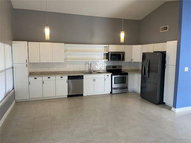 kitchen featuring white cabinetry, hanging light fixtures, stainless steel appliances, and sink