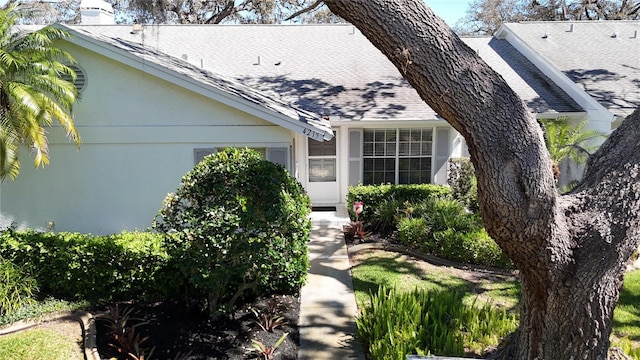 view of side of home with stucco siding and a shingled roof