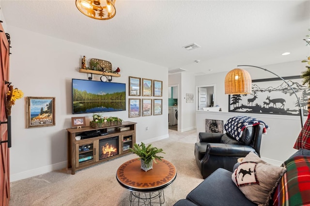 carpeted living room featuring washer / dryer and a textured ceiling