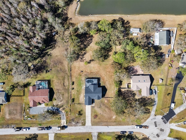 drone / aerial view featuring a water view