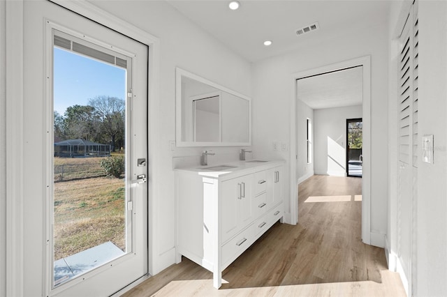 interior space featuring sink and light hardwood / wood-style flooring