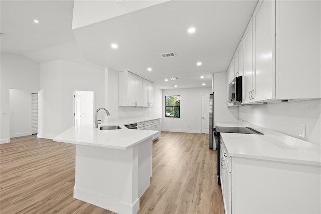 kitchen featuring sink, stainless steel appliances, light hardwood / wood-style floors, white cabinets, and kitchen peninsula