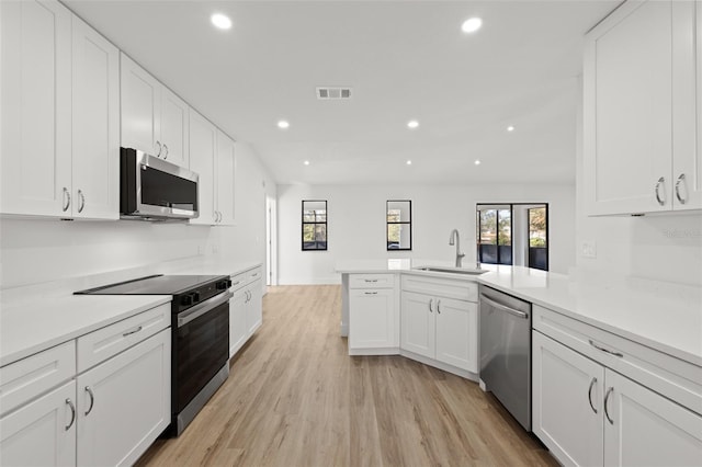 kitchen featuring appliances with stainless steel finishes, sink, white cabinets, kitchen peninsula, and light hardwood / wood-style flooring