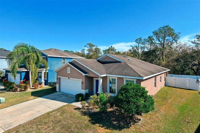 view of front of house with a garage and a front lawn