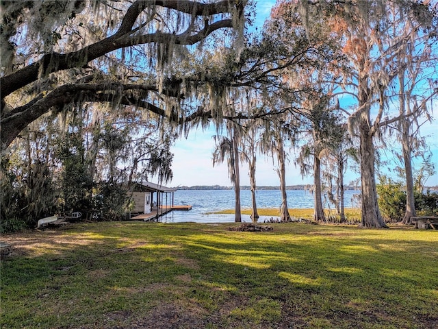 view of yard with a water view and a dock