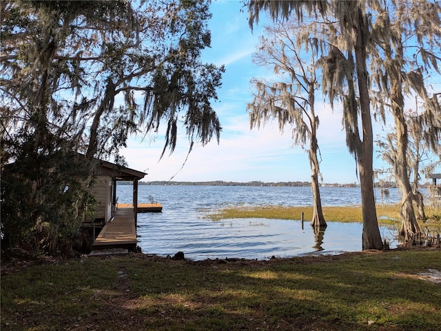 dock area with a water view and a yard