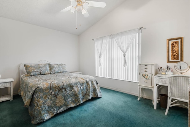 bedroom with lofted ceiling, carpet flooring, and ceiling fan