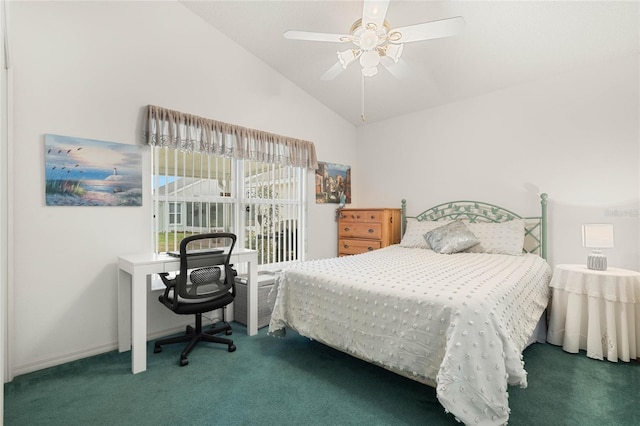 bedroom with vaulted ceiling, ceiling fan, and dark colored carpet