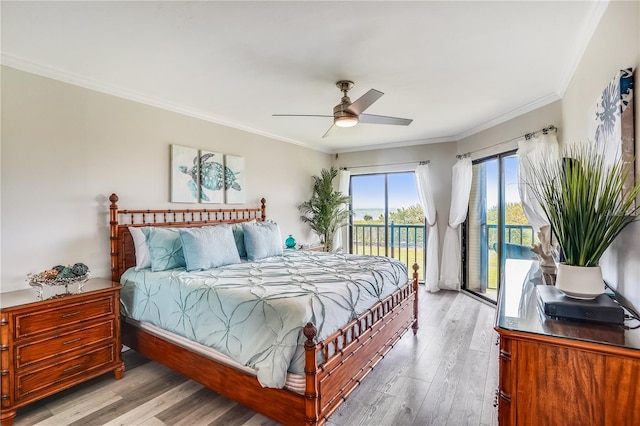 bedroom with crown molding, ceiling fan, access to exterior, and light wood-type flooring