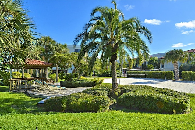 view of community with a yard, a gazebo, and volleyball court