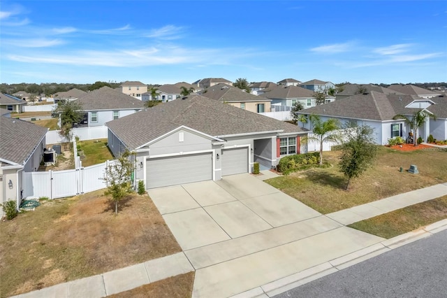 ranch-style house with a garage, central AC, and a front lawn