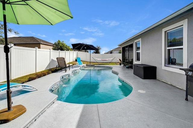 view of swimming pool with a patio area and pool water feature