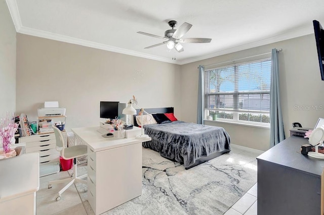 bedroom with crown molding, ceiling fan, and light tile patterned flooring