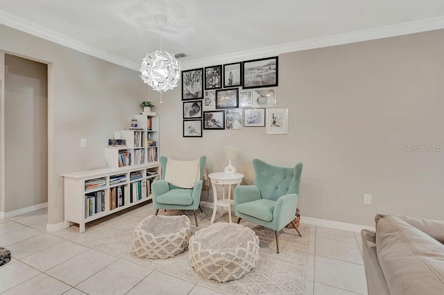 living area featuring crown molding, light tile patterned flooring, and an inviting chandelier