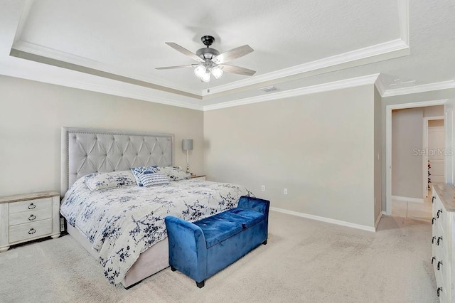 bedroom with light carpet, crown molding, and ceiling fan