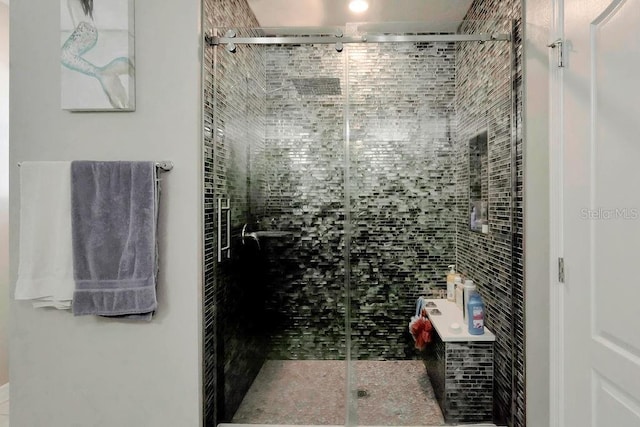 bathroom featuring a shower with door