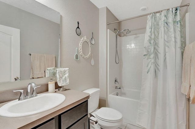 full bathroom with vanity, toilet, and shower / bath combo with shower curtain