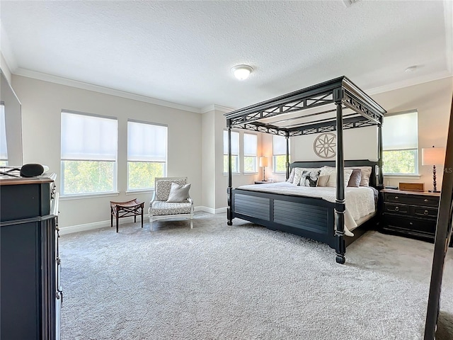 carpeted bedroom featuring crown molding and a textured ceiling