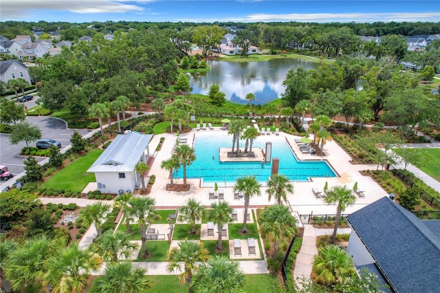 bird's eye view with a water view