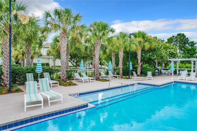 view of swimming pool with a pergola and a patio area