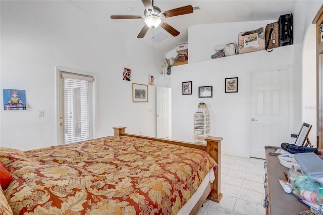 bedroom featuring high vaulted ceiling and ceiling fan