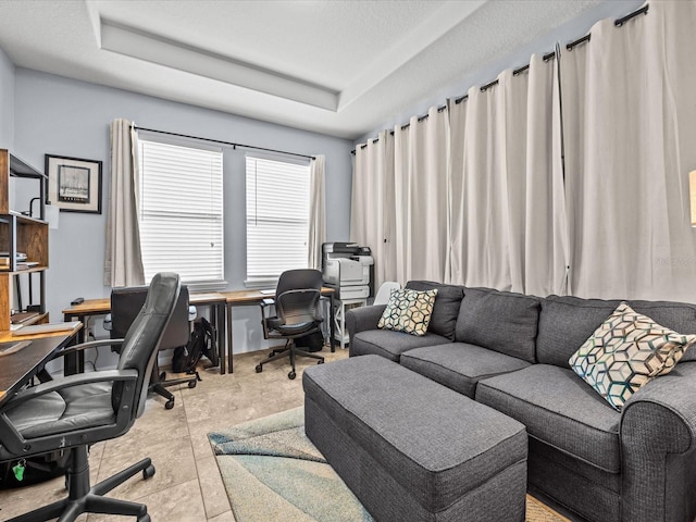 office space featuring a tray ceiling